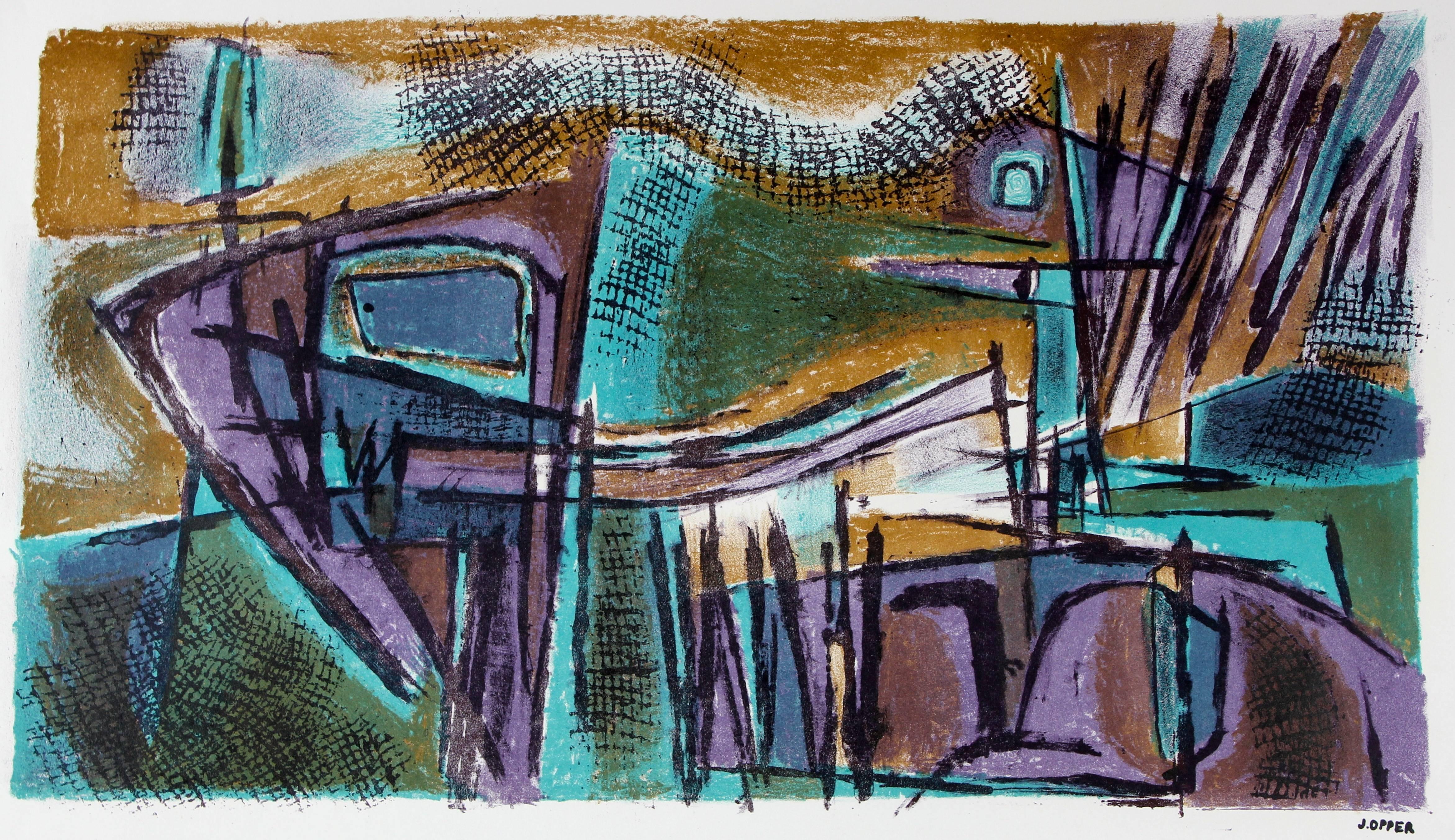 Jerry Opper Abstract Print - Abstracted Landscape Lithograph, Circa 1950s