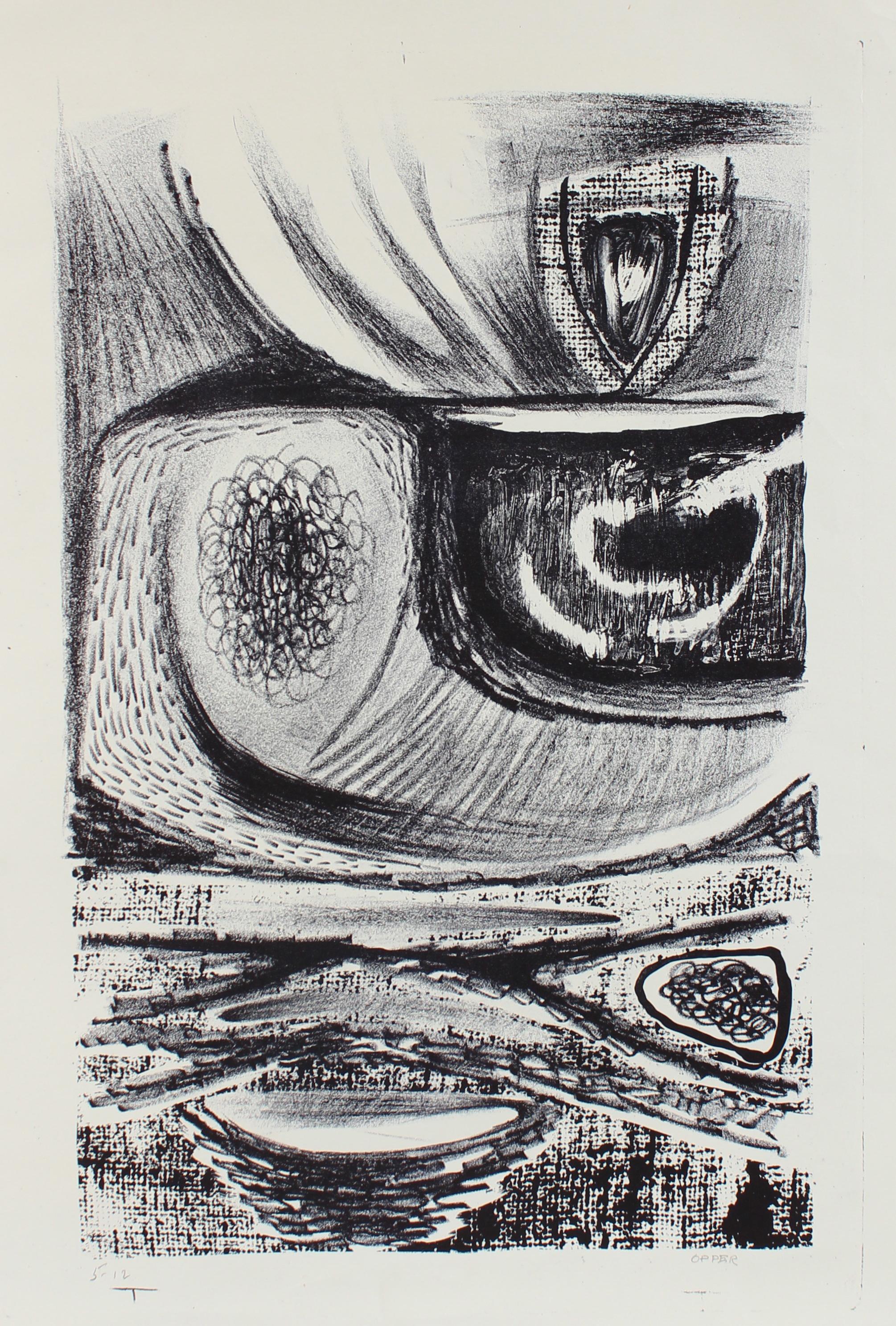 Jerry Opper Abstract Print - Amorphic Monochrome Abstract 1940-50s Lithograph