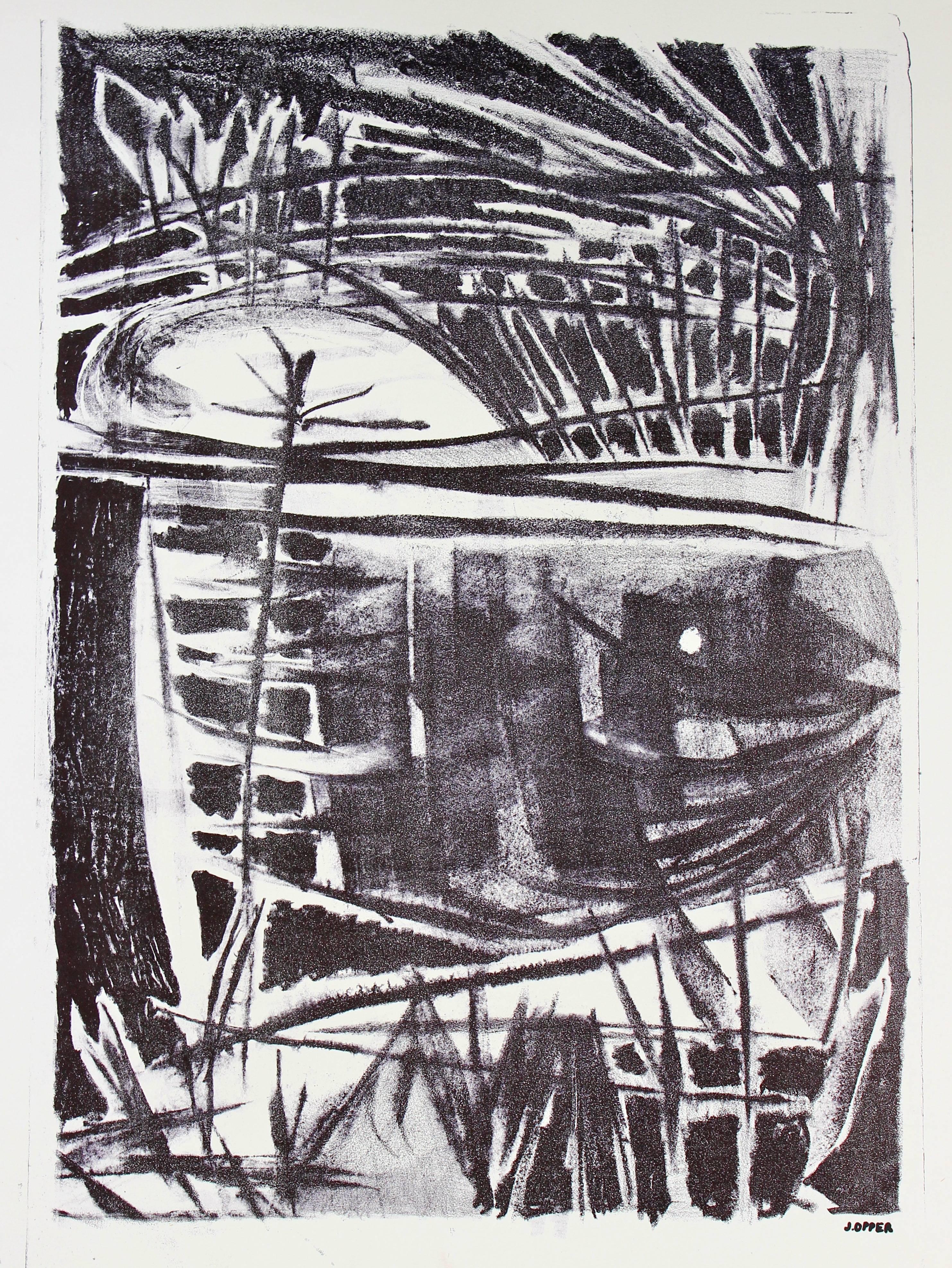 Jerry Opper Abstract Print - Black & White Modernist Abstract Lithograph, Mid-Century