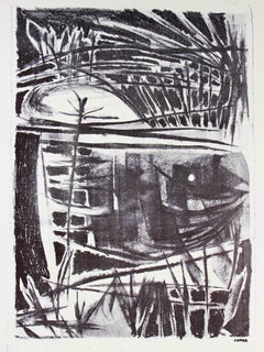 Black & White Modernist Abstract Lithograph, Mid-Century