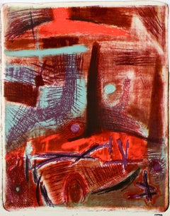 Bright Red Modernist Abstract 1940-50s Stone Lithograph
