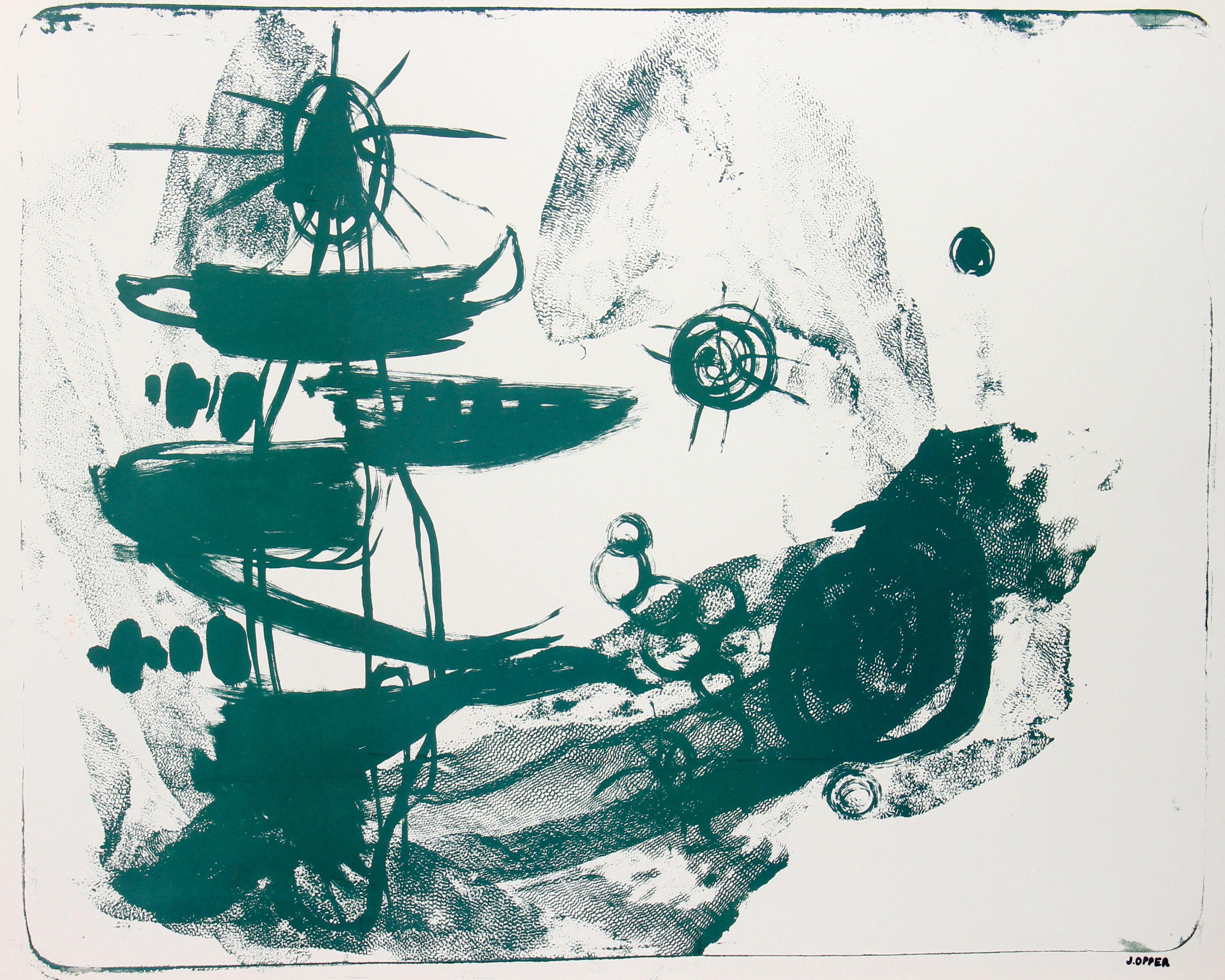 This 1950 abstract Modern stone lithograph on paper in green is by Californian artist Jerry Opper (b. 1924). After graduating from Hollywood High School, he worked in movie studios and attended art classes at Chouinard Art Institute in Los Angeles.