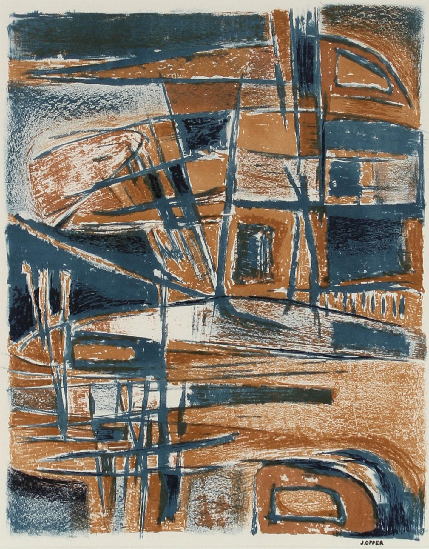 Modernist Abstract Lithograph in Blue and Brown, Mid-Century - Gray Abstract Print by Jerry Opper