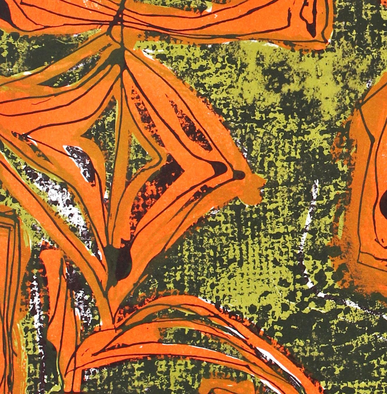 Modernist Abstract Lithograph in Orange and Green, Circa 1950s - American Modern Print by Jerry Opper
