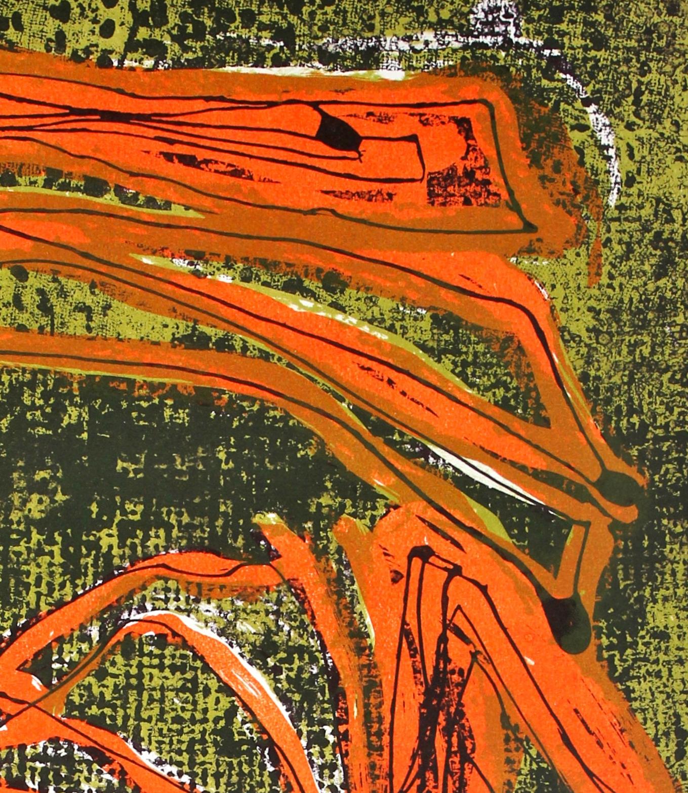 Modernist Abstract Lithograph in Orange and Green, Circa 1950s - Brown Abstract Print by Jerry Opper