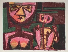 Modernist Figurative Lithograph in Pink and Red, Circa 1950s