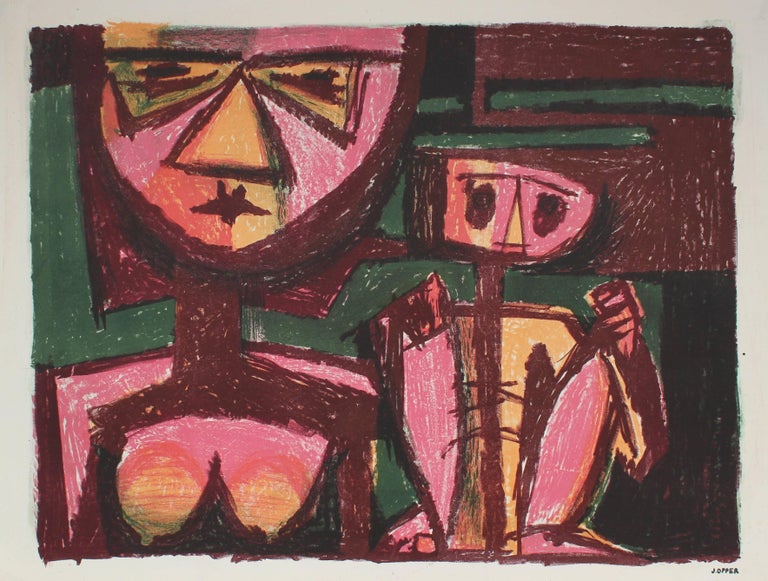 Jerry Opper Figurative Print - Modernist Figurative Lithograph in Pink and Red, Circa 1950s