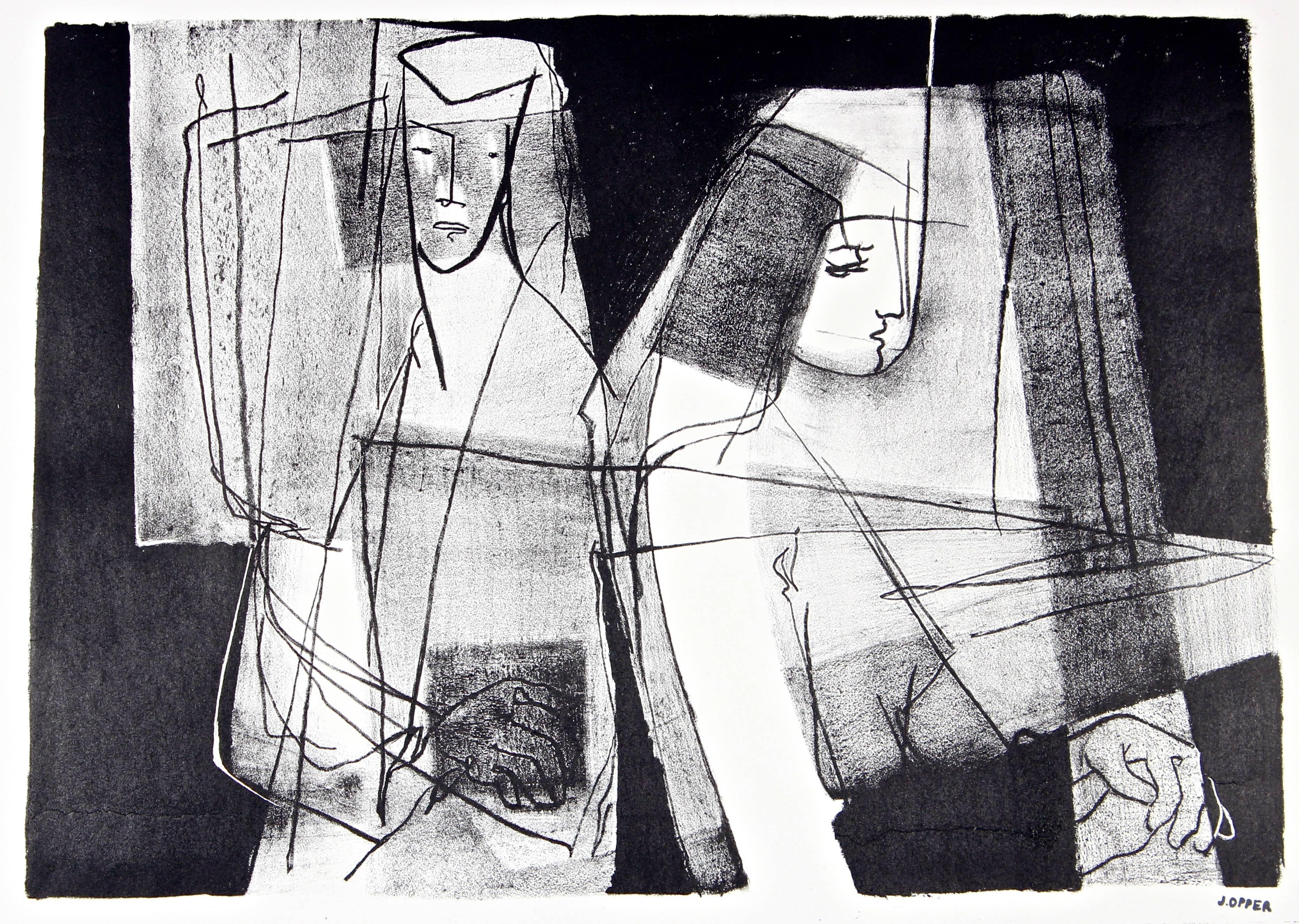 Jerry Opper Figurative Print - Modernist Figures in Black & White, Stone Lithograph, Circa 1950