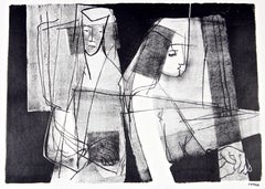 Modernist Figures in Black 
White, Stone Lithograph, Circa 1950