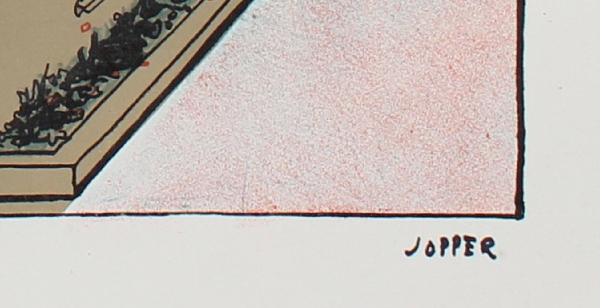 Modernist San Francisco Neighborhood, Lithograph on Paper, Circa 1950s - Print by Jerry Opper