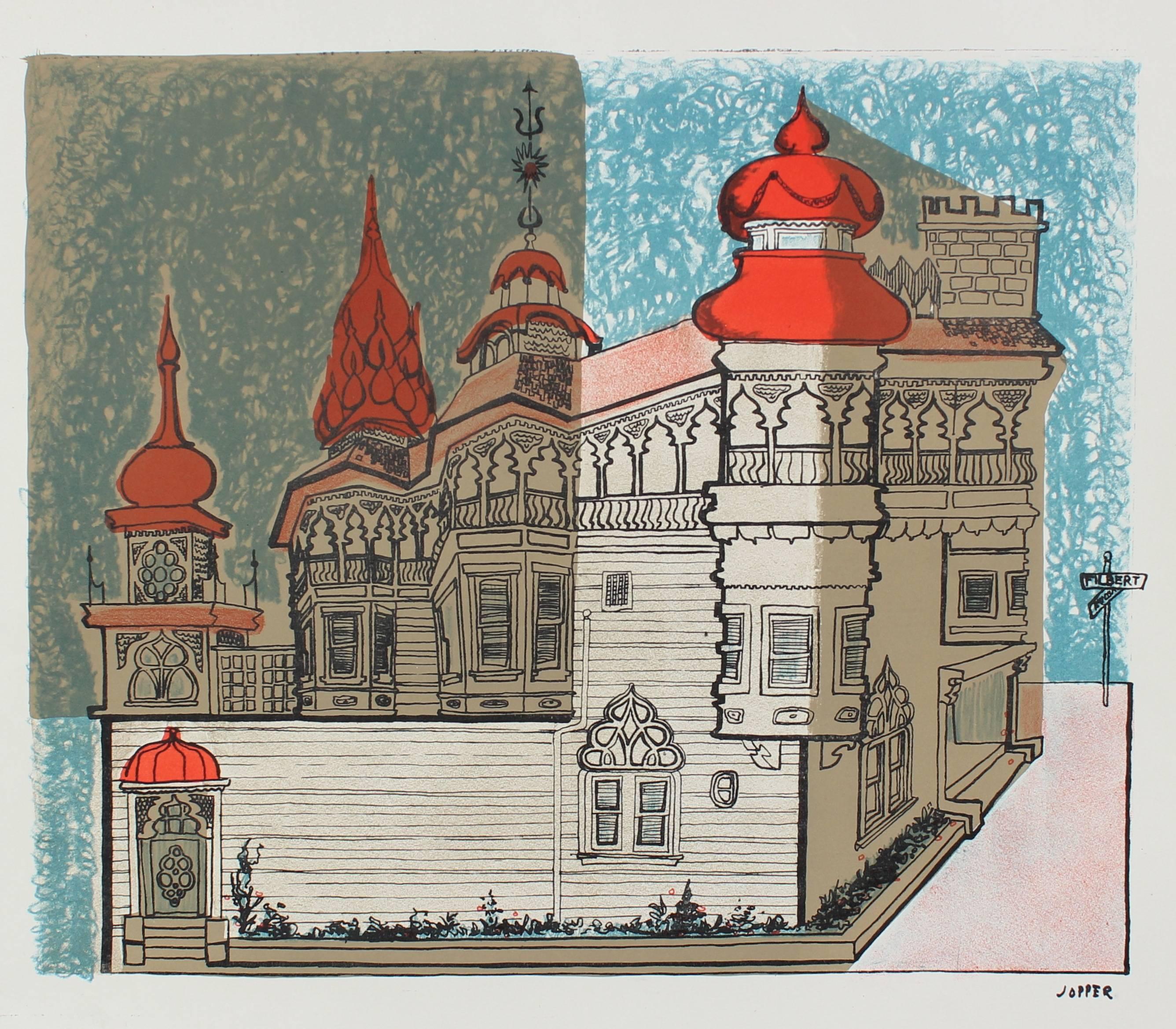 Jerry Opper Landscape Print - Modernist San Francisco Neighborhood, Lithograph on Paper, Circa 1950s