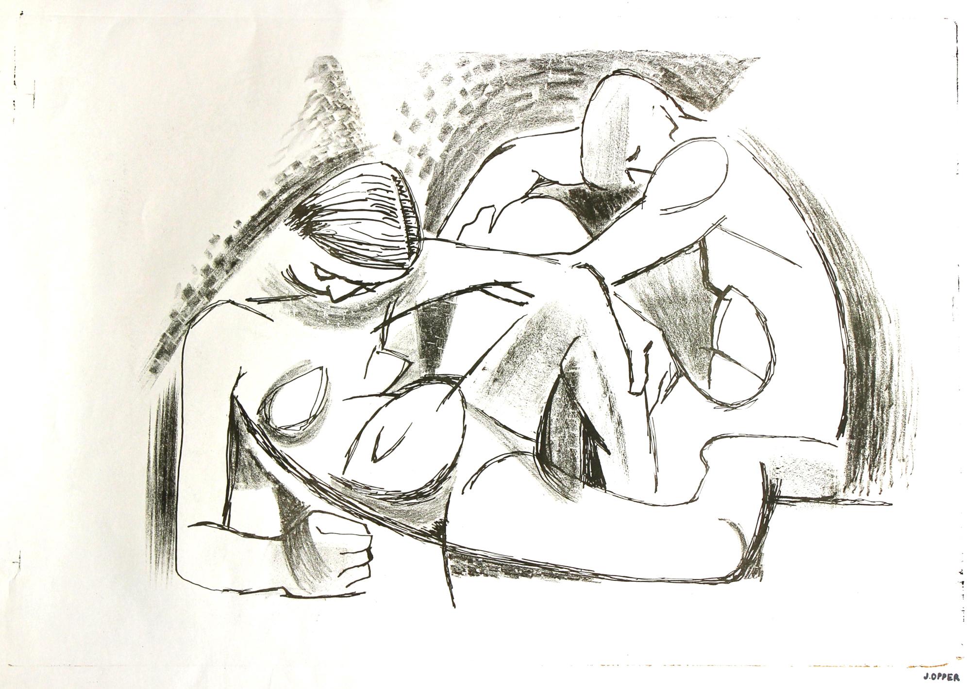 Monochromatic Nude Figures 1940's-1950's Stone Lithograph