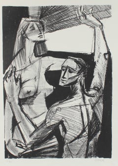 Nude Couple by a Window, Stone Lithograph, Circa 1950