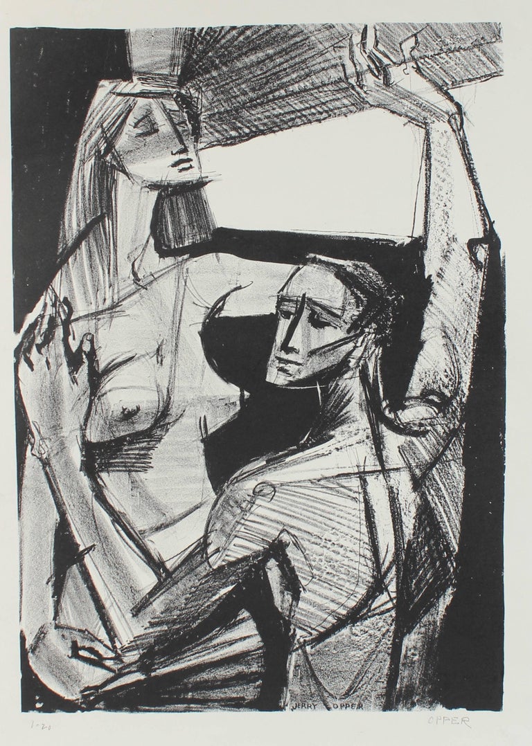 Jerry Opper Figurative Print - Nude Couple by a Window, Stone Lithograph, Circa 1950