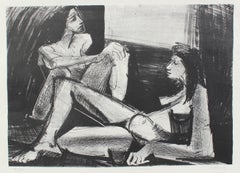 Two Nude Figures 1940-50s Stone Lithograph