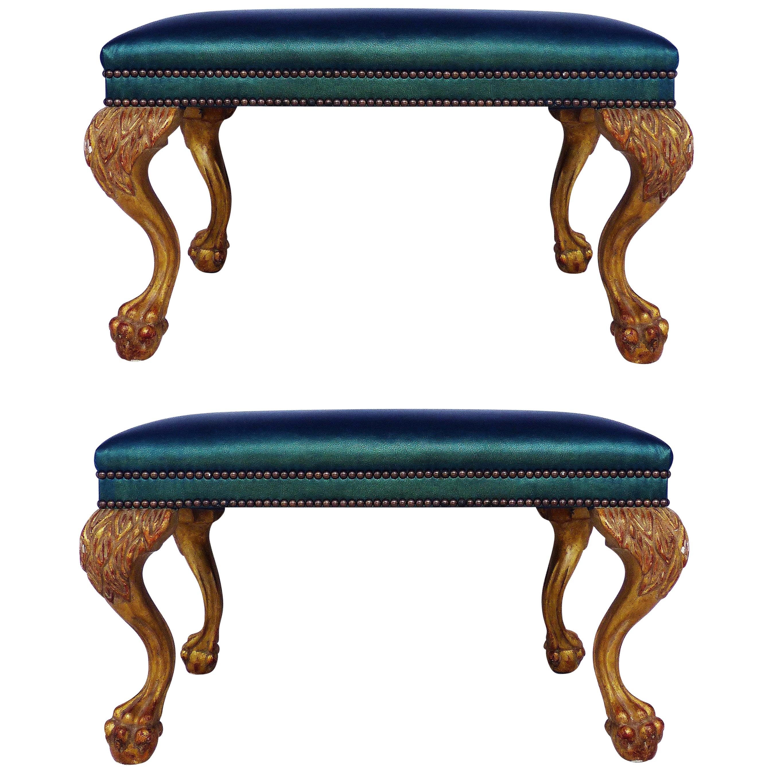 Jerry Pair of Dennis & Leen Lion Paw Benches/Ottomans by Formations in Leather