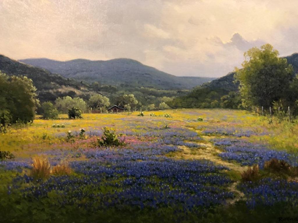 Jerry Ruthven's roots are in Central Texas. Here, he has spent a life time walking dry creek beds and following abandoned fence lines. Like the early American landscape painters whose work he admires, this fifth generation Texan takes great pride in