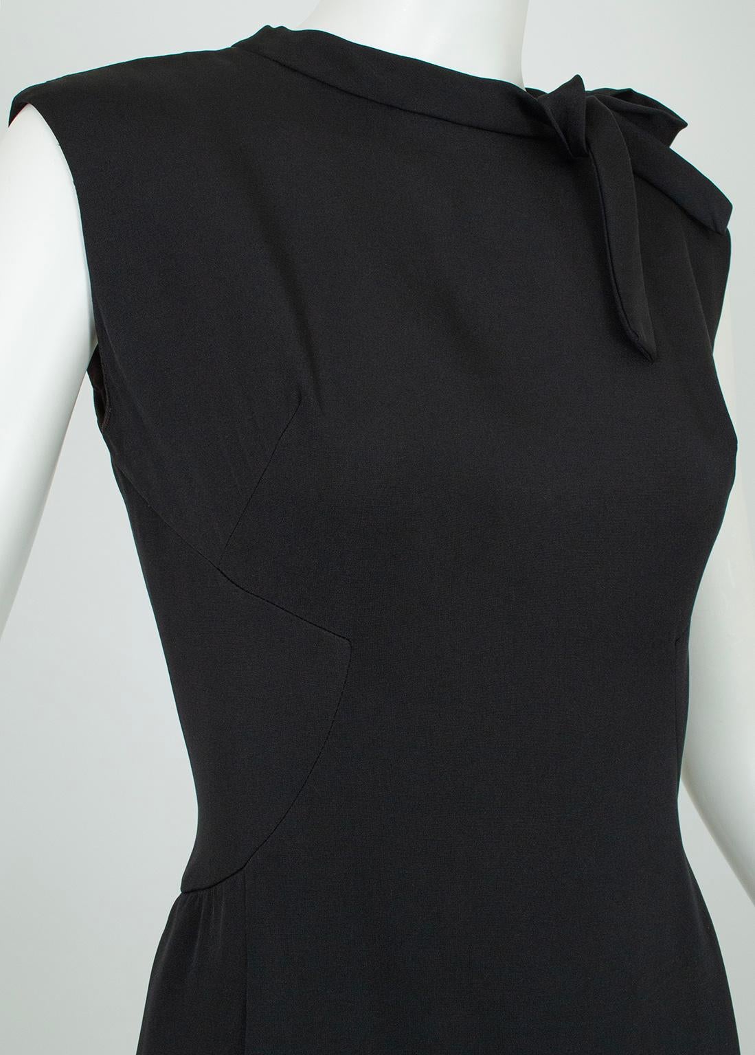 Women's Jerry Silverman Black Silk Bow Neck Shift Dress w Geometric Seams – M, 1960s For Sale