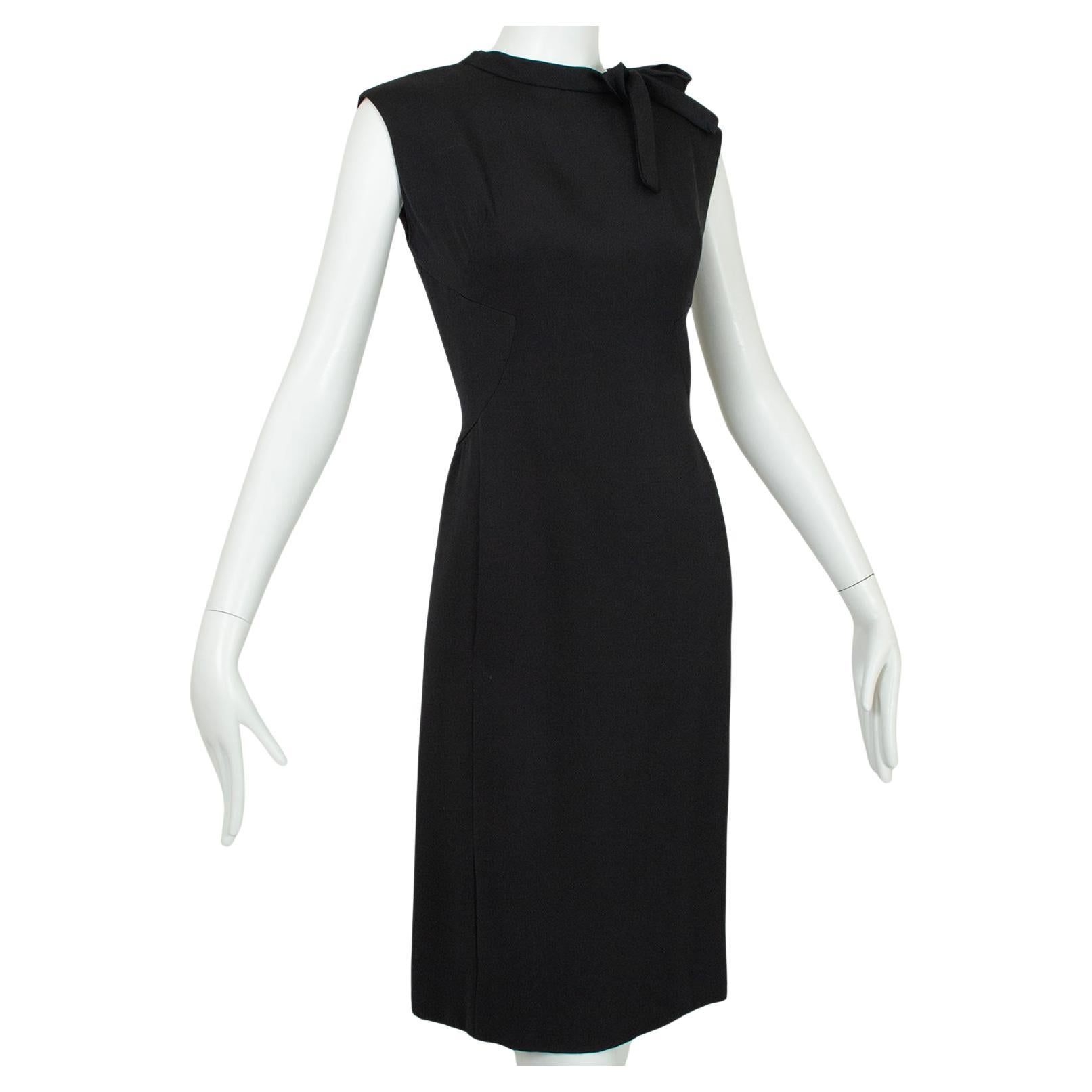 Jerry Silverman Black Silk Bow Neck Shift Dress w Geometric Seams – M, 1960s For Sale