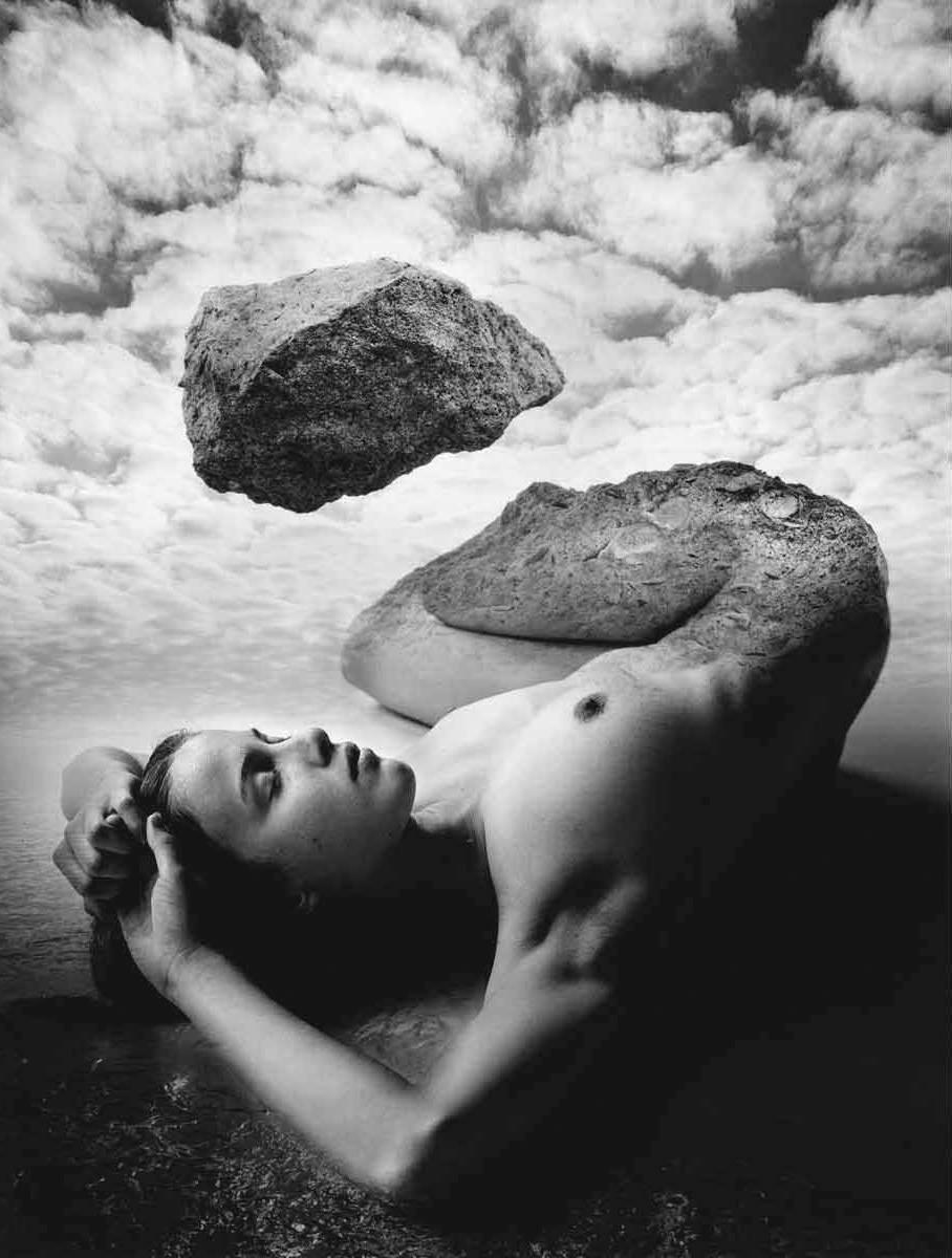 Jerry Uelsmann Abstract Photograph - Door of Deception - Nude With Rocks Surf, Double Exposure