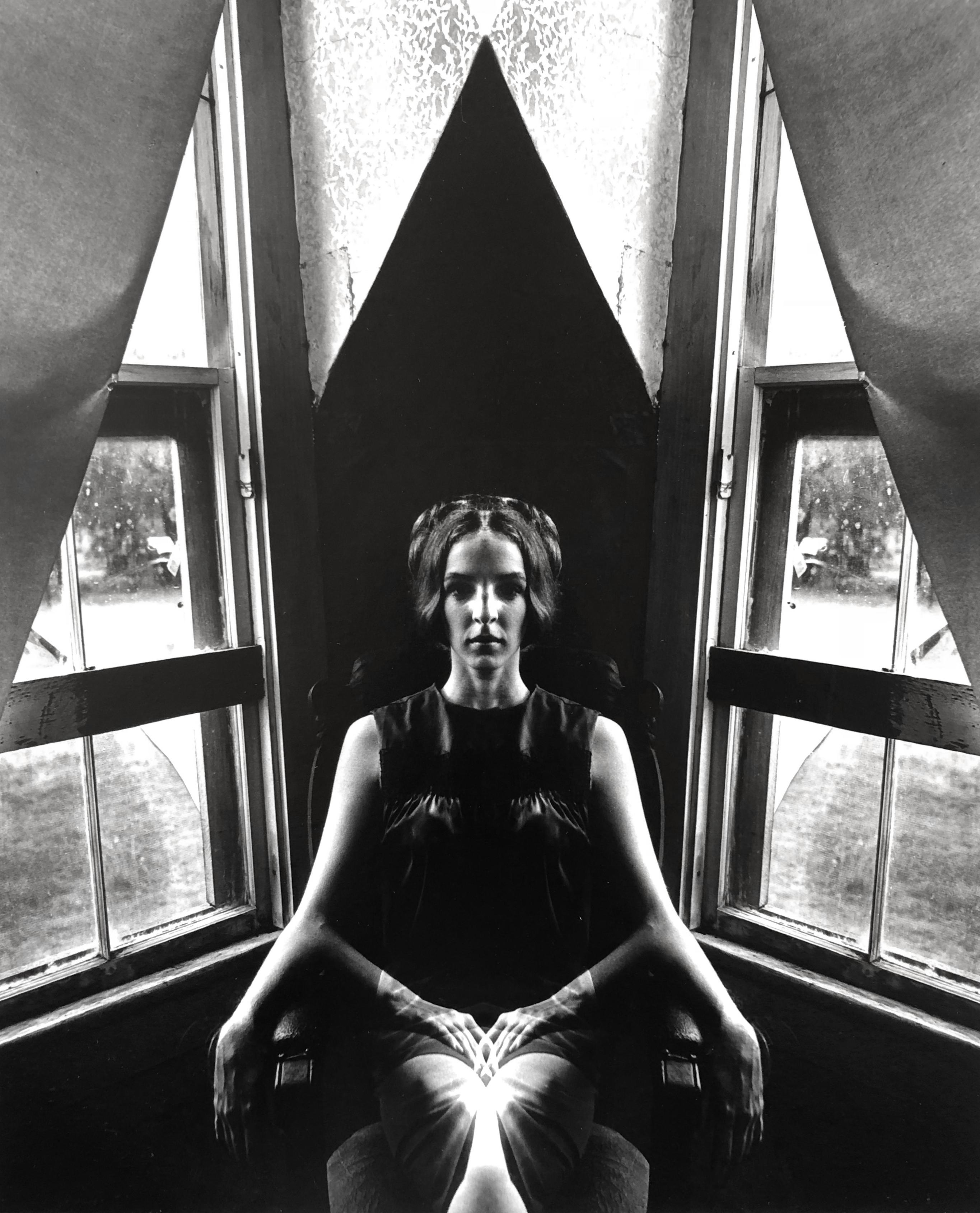 Jerry Uelsmann, The Quest of Continual Becoming, 1965, vintage silver gelatin print, Image Size: Image size: 12.75 x 9.5", Drymounted 16 x 20", matted 22 x 28". Signed, titled, and dated on mount recto. [surreal woman reflection]