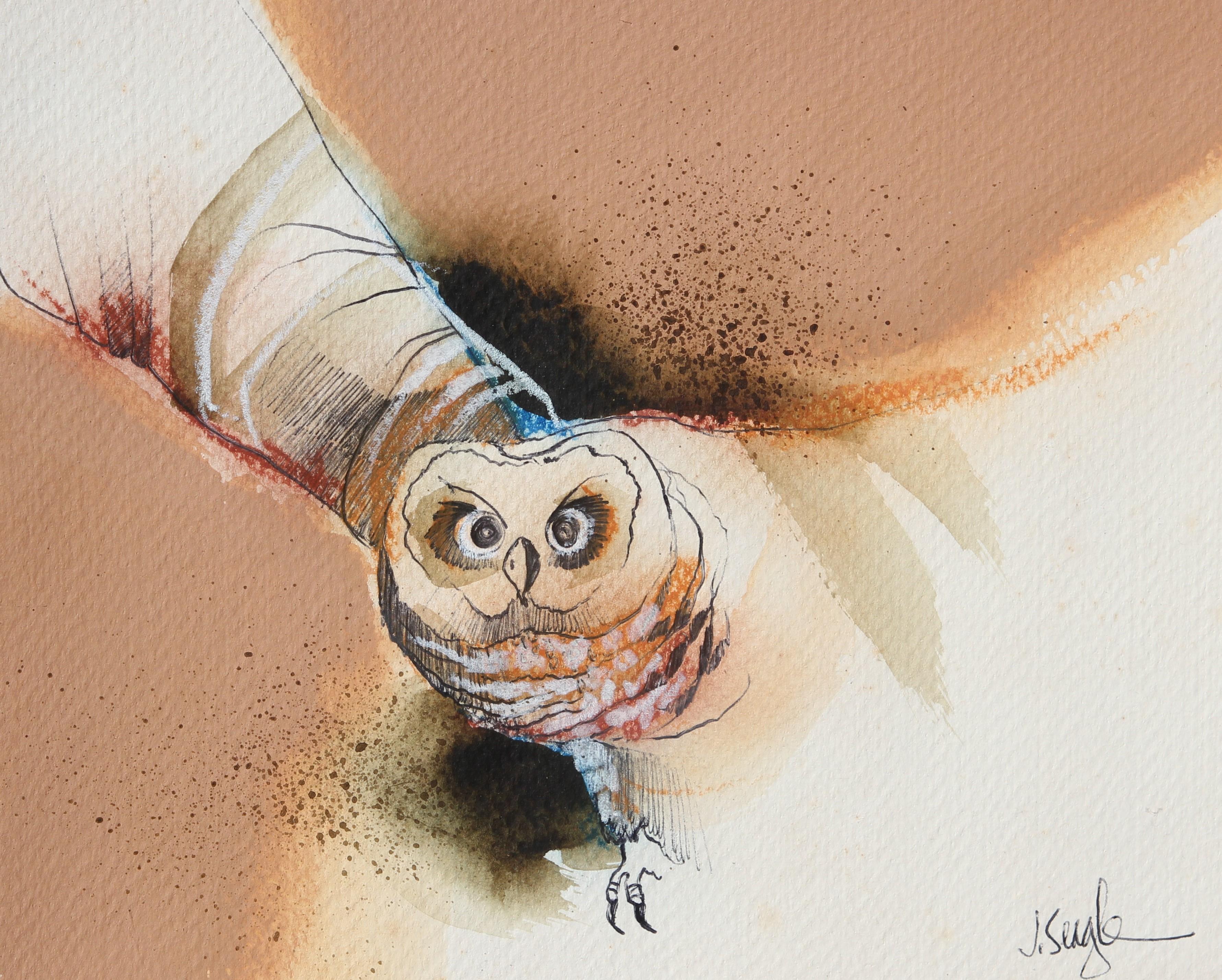Brown Neutral Toned Abstract Naturalistic Owl Watercolor Painting - Art by Jerry V. Seagle