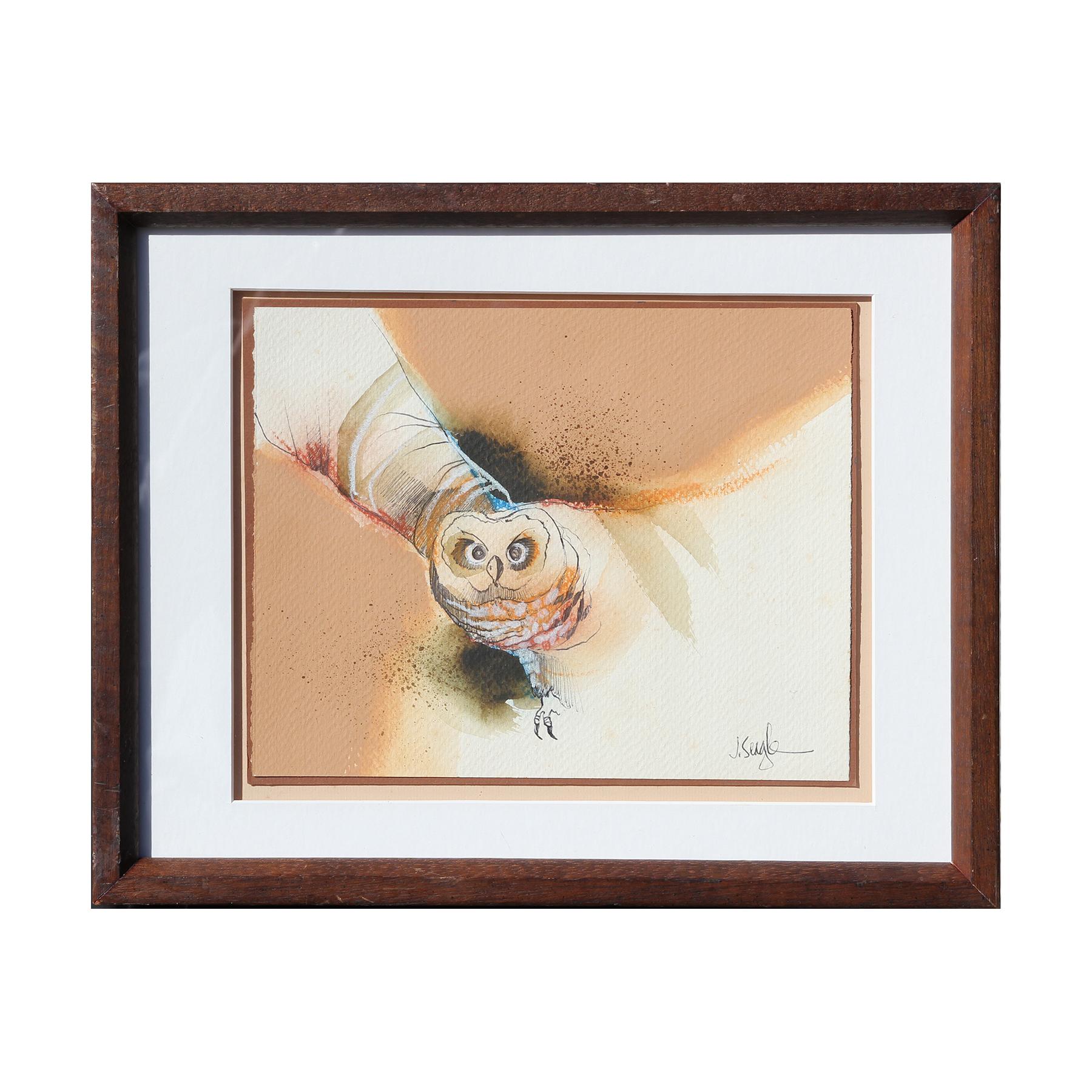 Jerry V. Seagle Animal Art - Brown Neutral Toned Abstract Naturalistic Owl Watercolor Painting