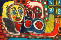 Erotic Clown Diva Painting, Abstract Expressionist, Oil on Paperboard