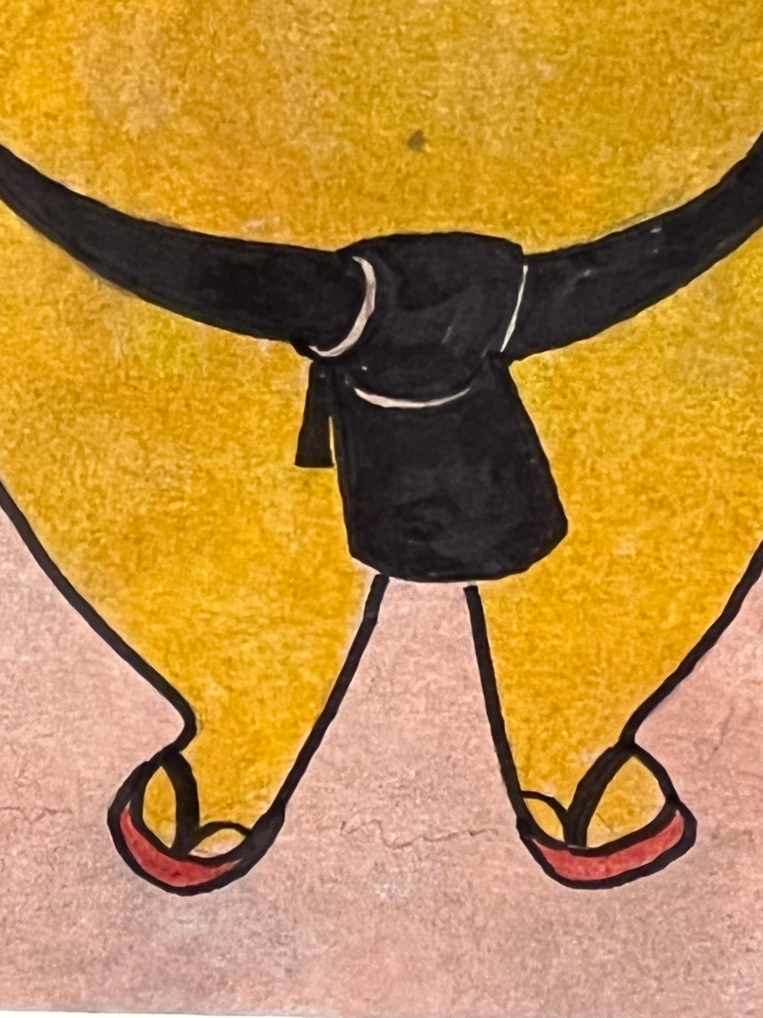 Signed/original painting by Jerry Williamson.  
Whimsical drawing of a Japanese Sumo Wrestler, in vibrant shades of yellow and pink.

Jerry Williamson (1926 - 2016) was active/lived in California, Washington / France. Jerry Williamson is known for
