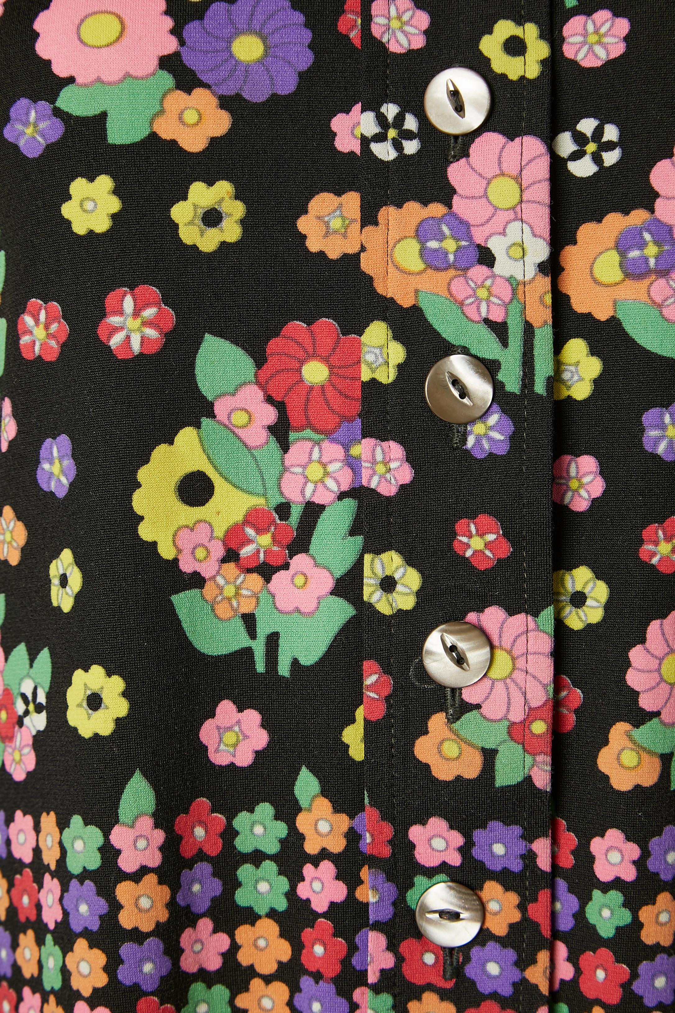 Black Jersey polo dress with flower printed Lanvin Circa 1970's  For Sale
