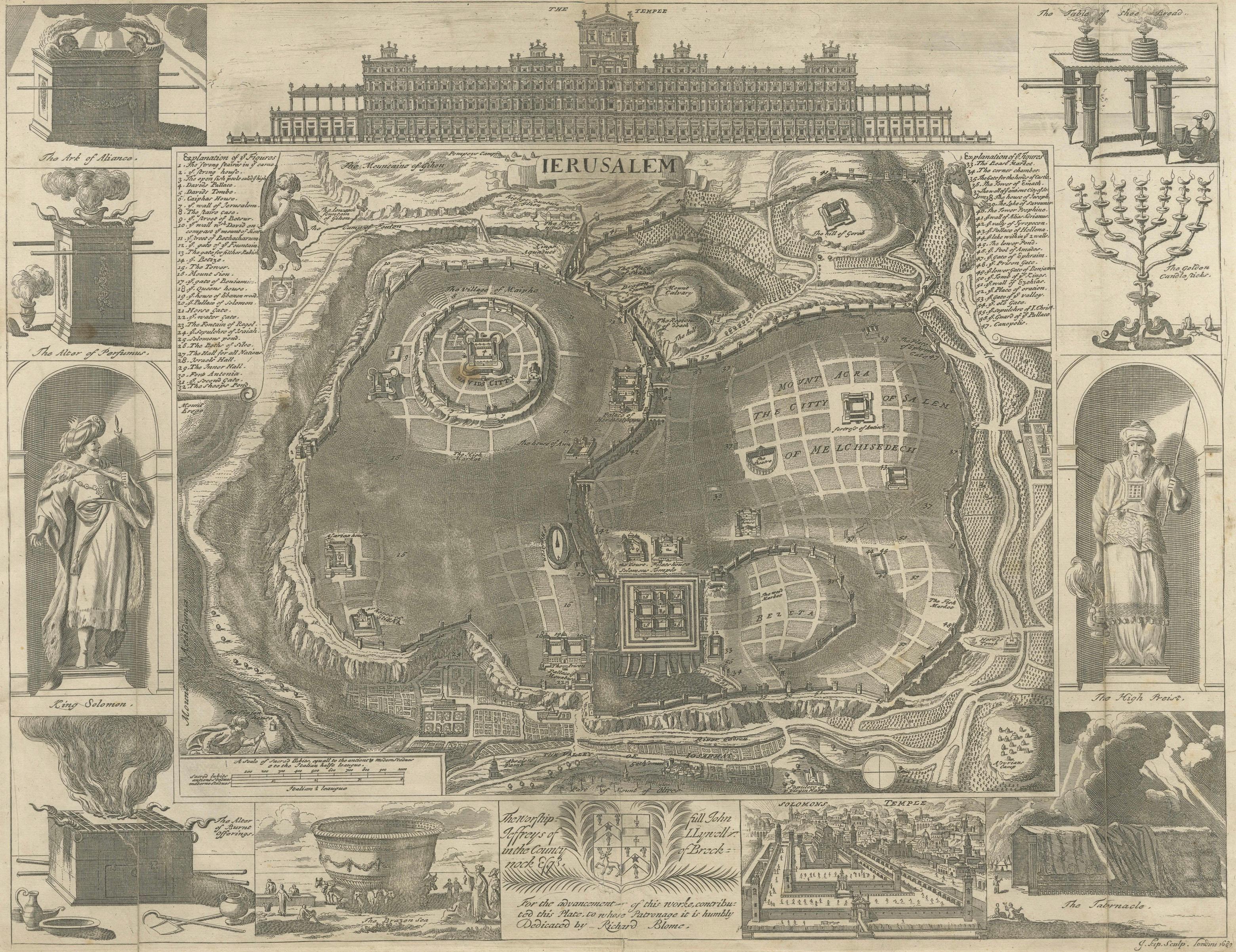 Imaginary Plan of Jerusalem by Blome after Villalpando, 1689

This impressive antique engraving presents an imaginary plan of Jerusalem by Richard Blome, published in 1689. The engraving is drawn after the influential work of Spanish Jesuit scholar