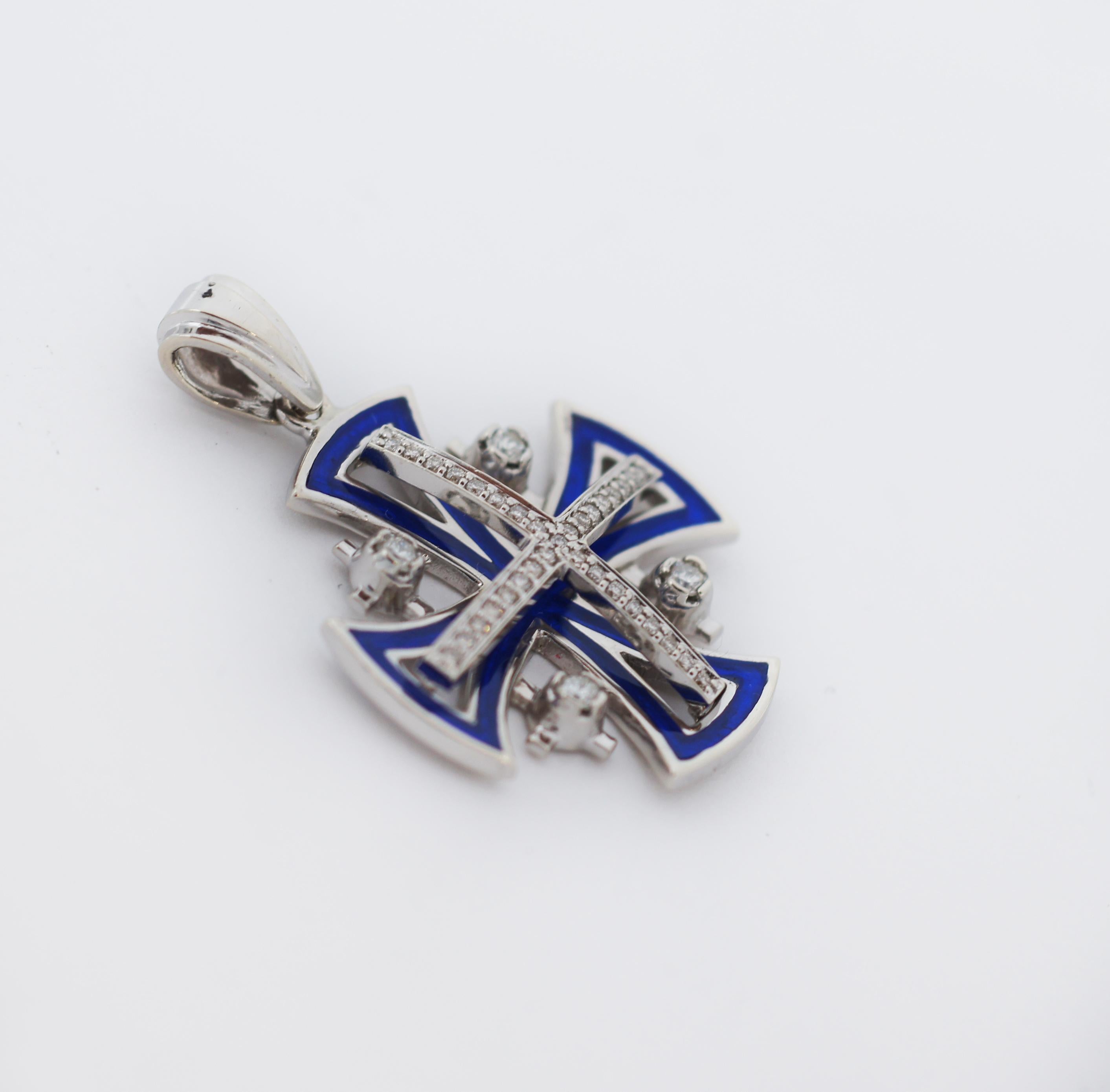 Jerusalem cross symbolize the spread of THE WORD Of GOD from Jerusalem to the rest of the world.
Large middle cross represents Jerusalem while the four smaller crosses represent the four corners of the world
Diamonds adorn the smaller middle cross