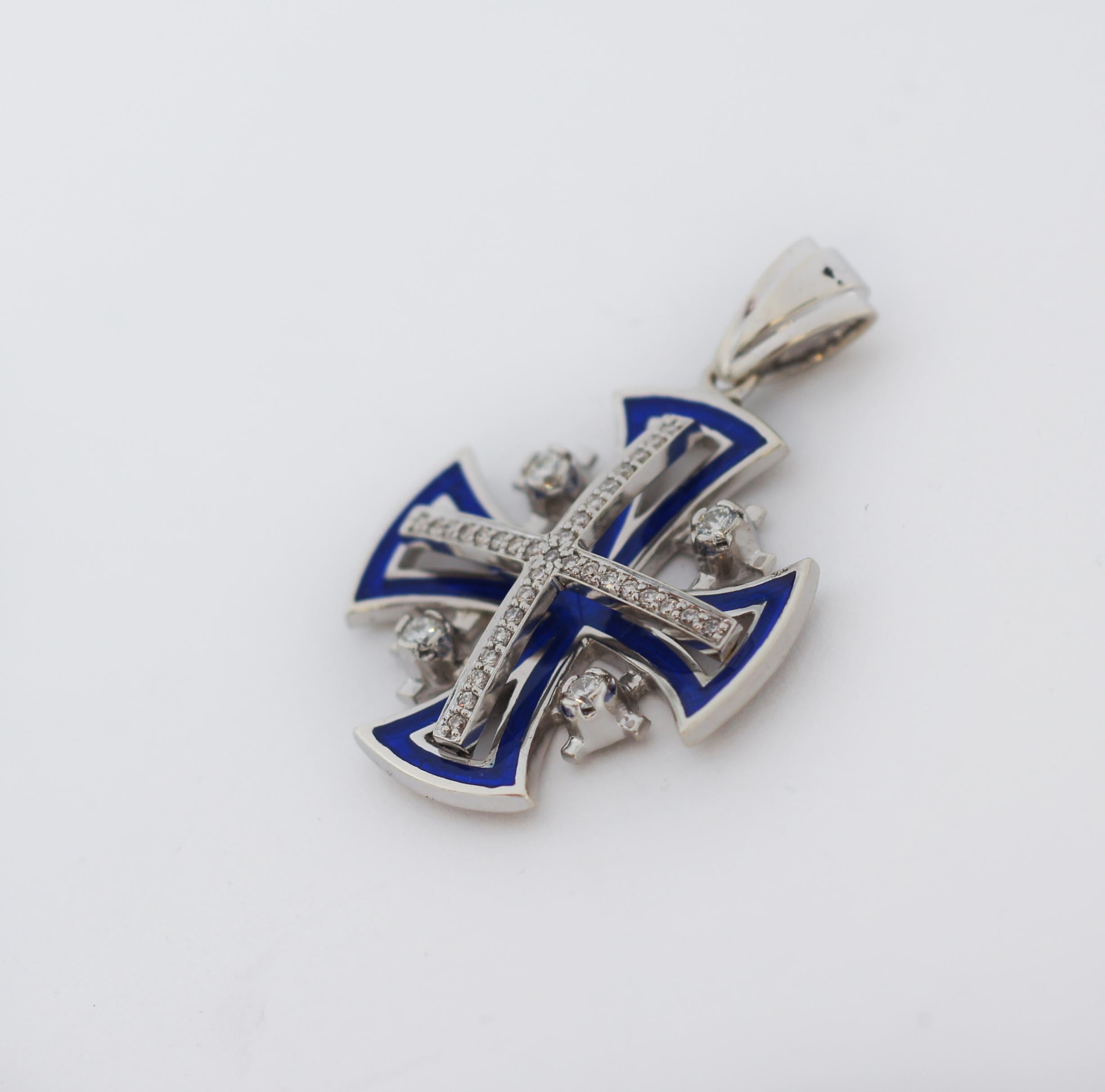 Round Cut Jerusalem Cross 14k Gold Diamonds and Enamel Pendant