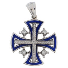 Jerusalem Cross 14k Gold Diamonds and Enamel Pendant