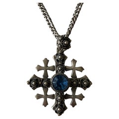 Jerusalem Cross Pendant in 900 Silver with Blue Center Stone, Early 20th Century