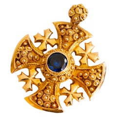 Jerusalem Crusaders Cross Pendant Etruscan Revival in 14 Karat Yellow Gold