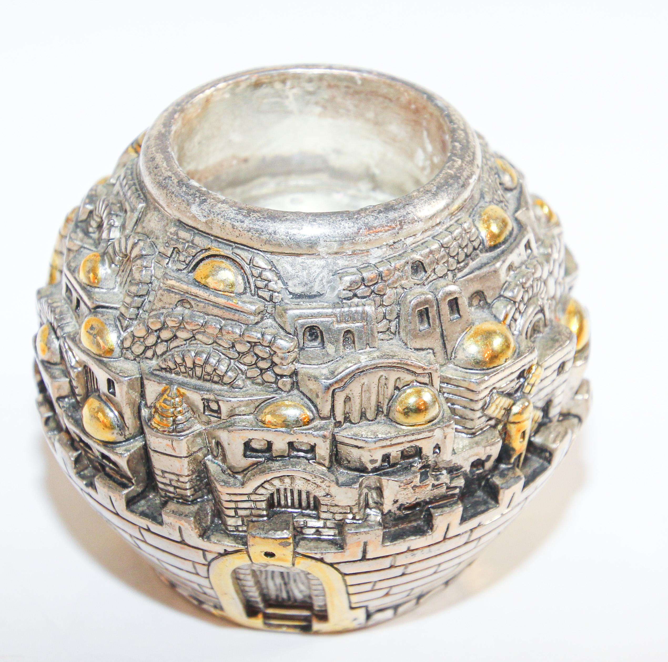 Silver Plate Jerusalem Design Round Shape Tea Light Holder