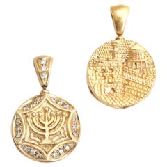 Jerusalem Menorah Bat Bar Mitzvah Gold Diamonds Double-Sided Pendant, 2000