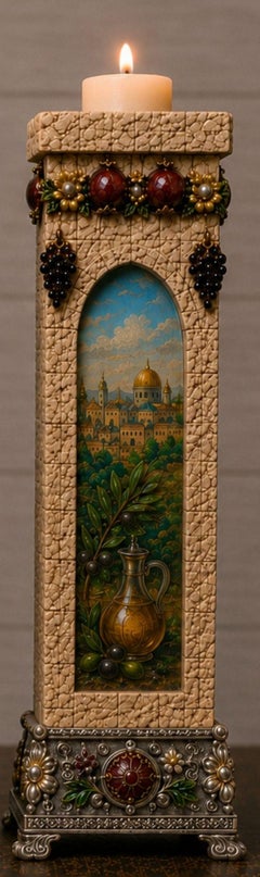 Jerusalem Stone Candlesticks with Sterling Silver & Original Oil Paintings