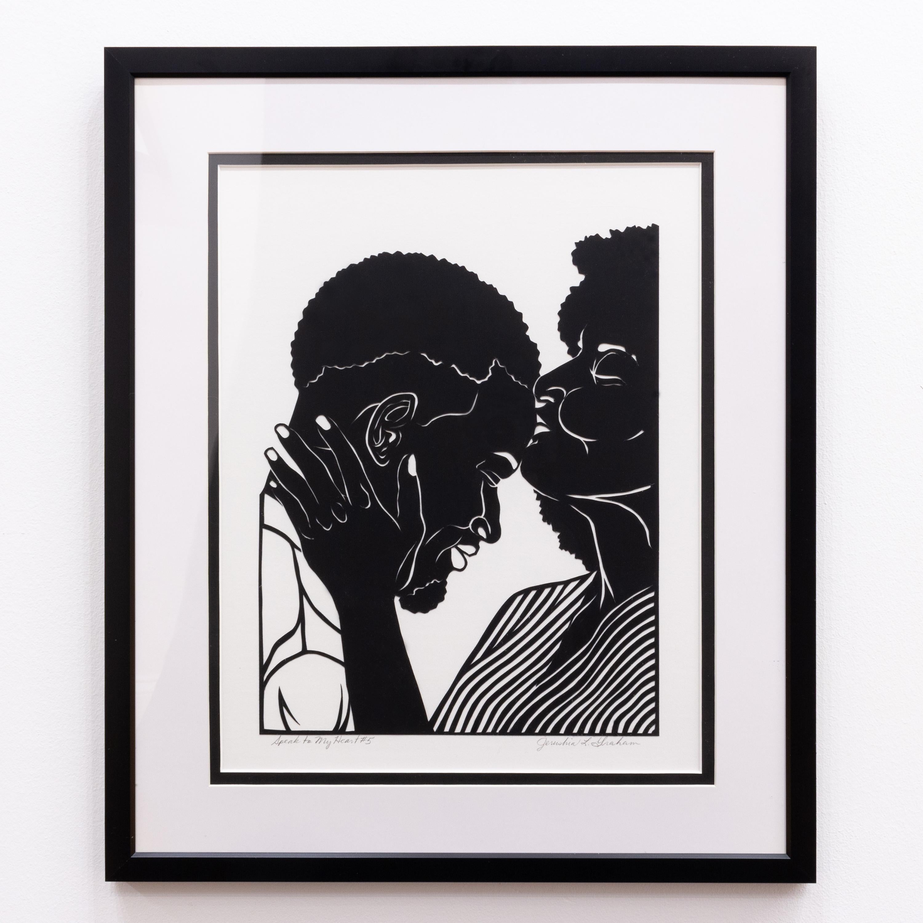 „Speak to My Heart No. 5“ – figurativ – schwarz-weiß – geschnittenes Papier – Umarmung (Zeitgenössisch), Mixed Media Art, von Jerushia Graham