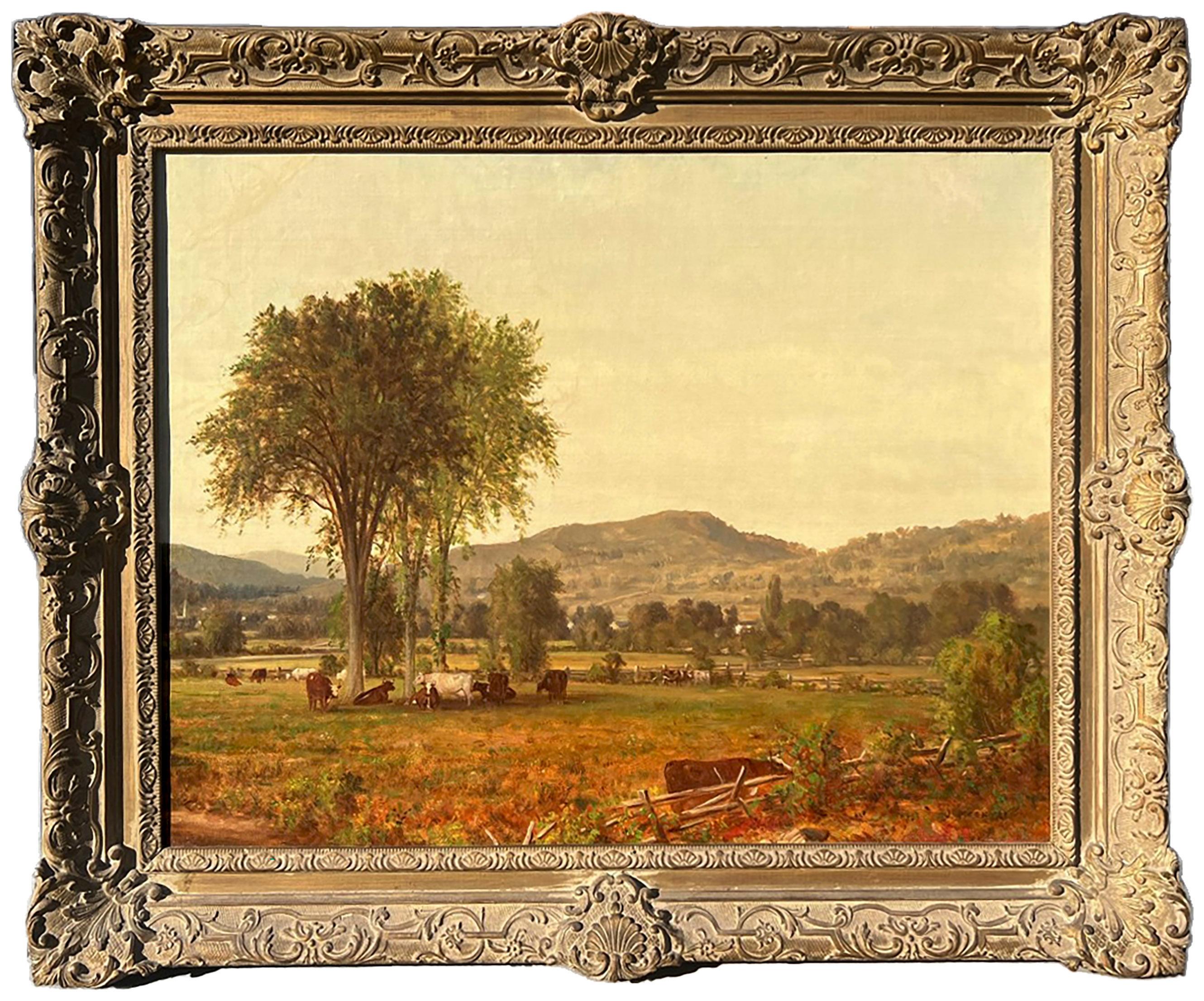 "In the Hudson Valley," by Hudson River School artist Jervis McEntee (1828-1891) is oil on canvas. The work measures 22 x 28.13 inches and is signed by the artist at the lower right. It is framed in a beautiful, period appropriate frame and ready to