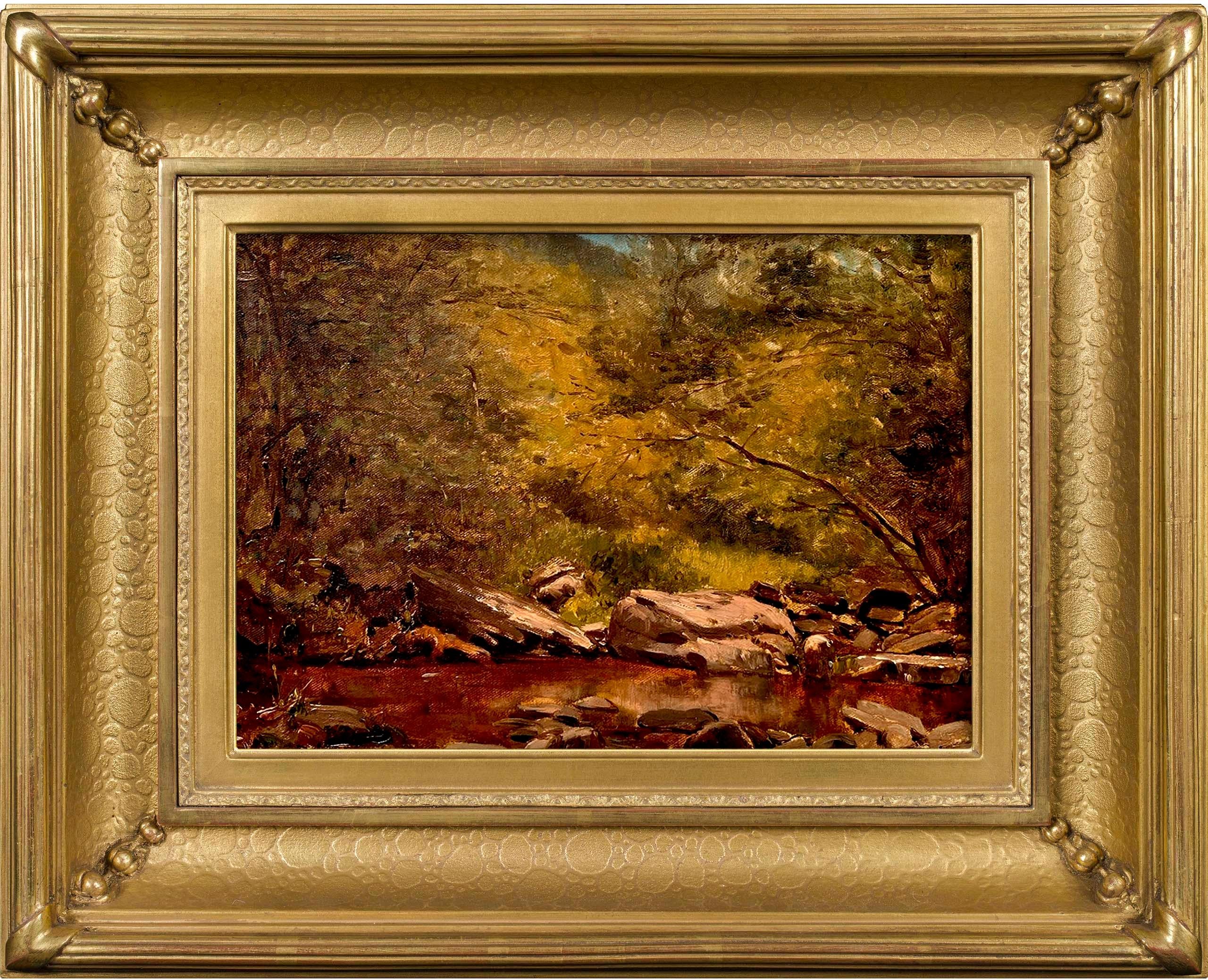 "Mink Hollow Brook," by Hudson River School artist Jervis McEntee (1828-1891) depicts the lush foliage, and rocky terrain  surrounding a Catskill brook. This 19th century oil painting on canvas measures 11 x 15.25 inches and is signed by the artist