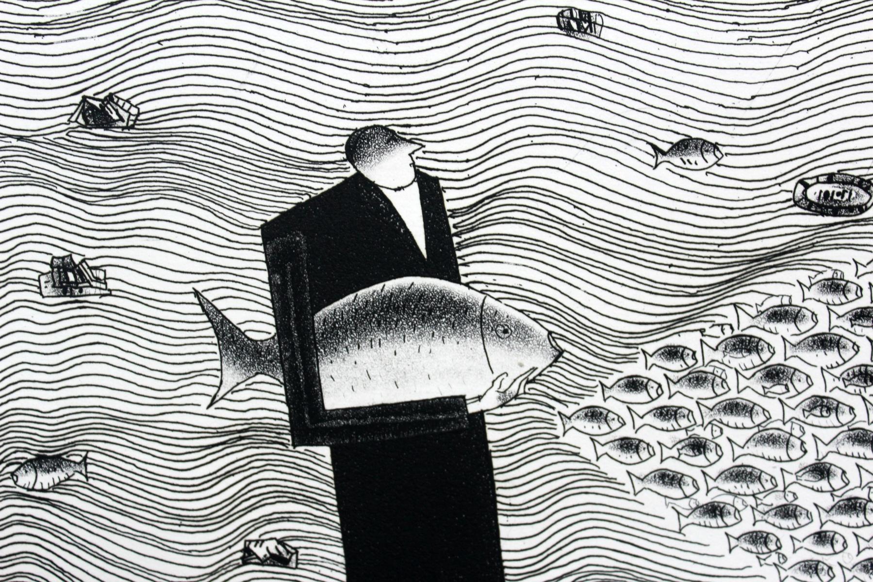 Fisherman's workplace - XXI century, Black and white figurative print - Painting by Jerzy Dmitruk