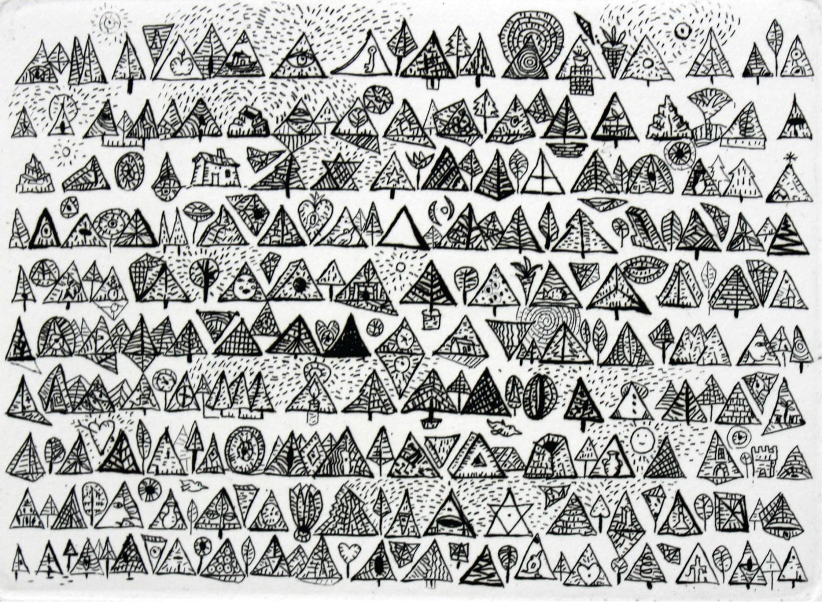 Souffle rythmique d'une forêt de conifères - XXIe siècle, Gravure en noir et blanc