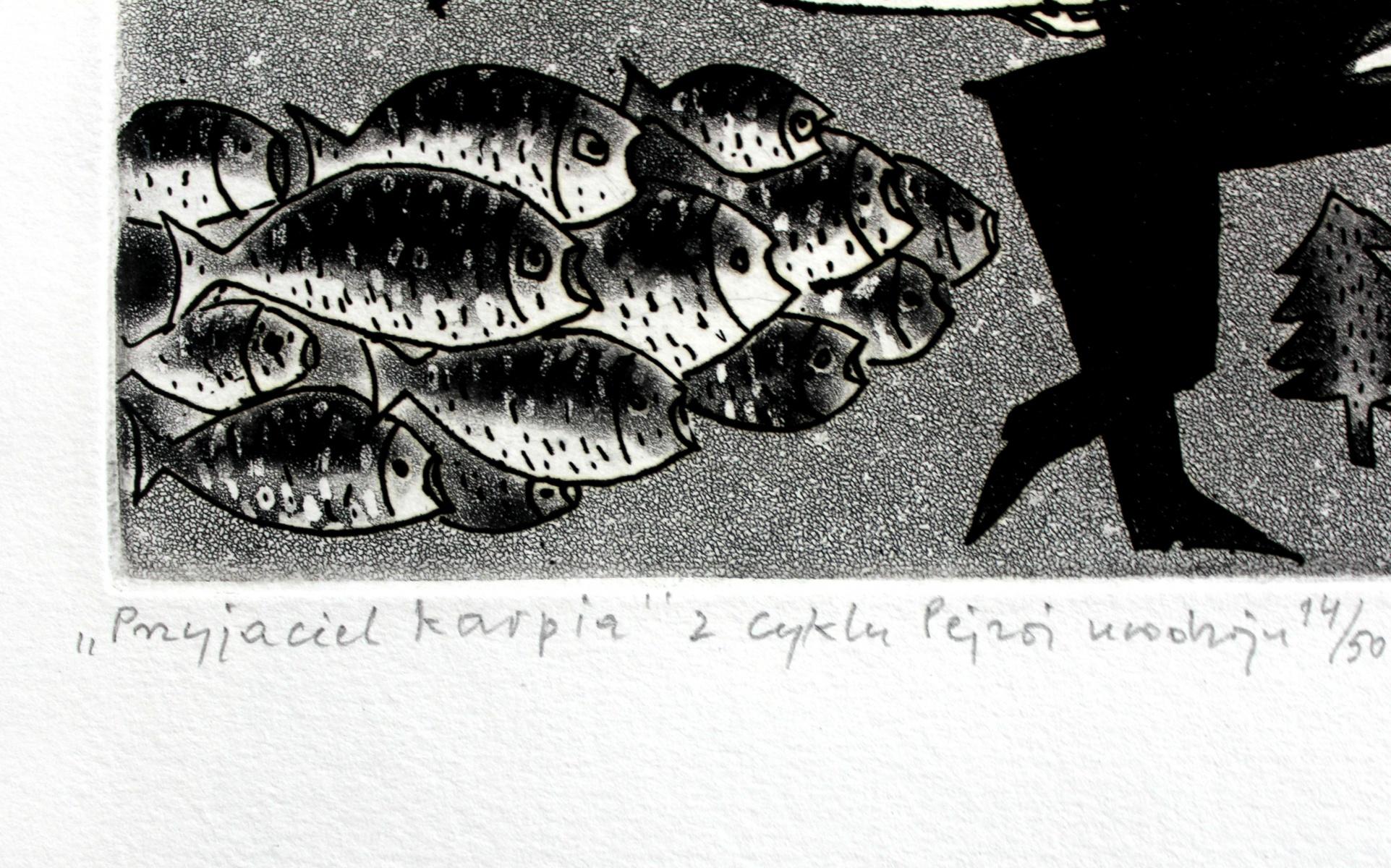 Carp's friend - XXI century, Black and white etching, Fish - Other Art Style Print by Jerzy Dmitruk