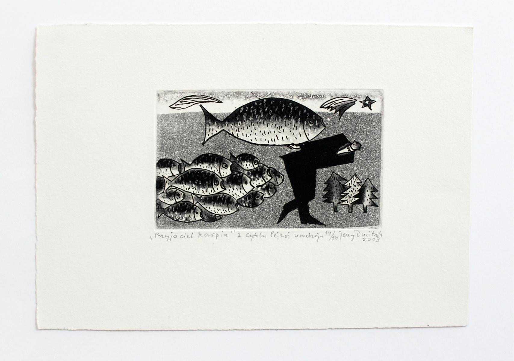Carp's friend - XXI century, Black and white etching, Fish - Gray Figurative Print by Jerzy Dmitruk