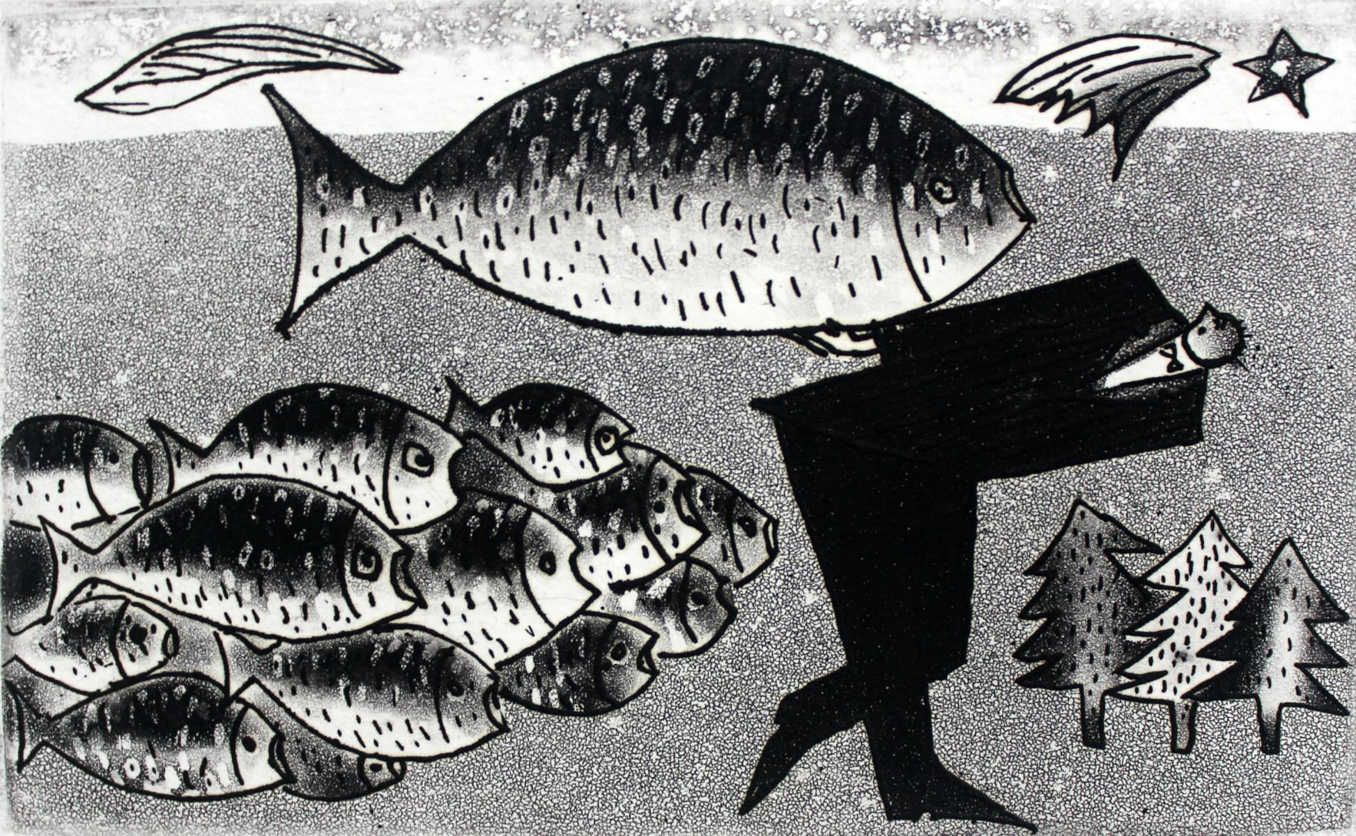 Jerzy Dmitruk Figurative Print - Carp's friend - XXI century, Black and white etching, Fish
