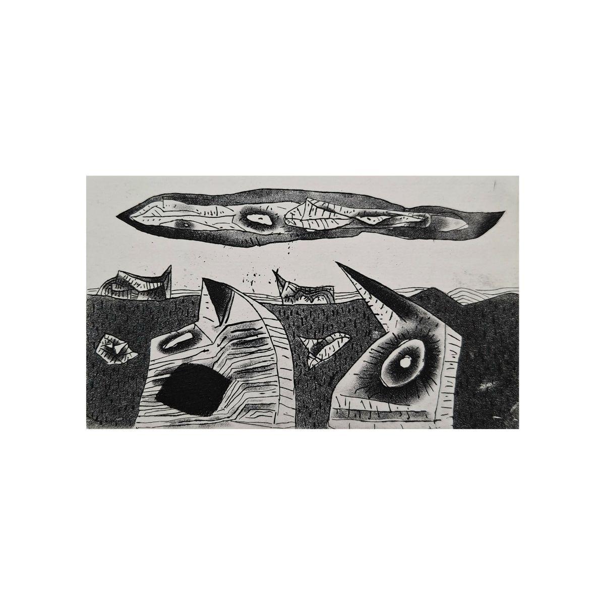 Guardian angel and his workmate - 21st Century, Etching, Black and White