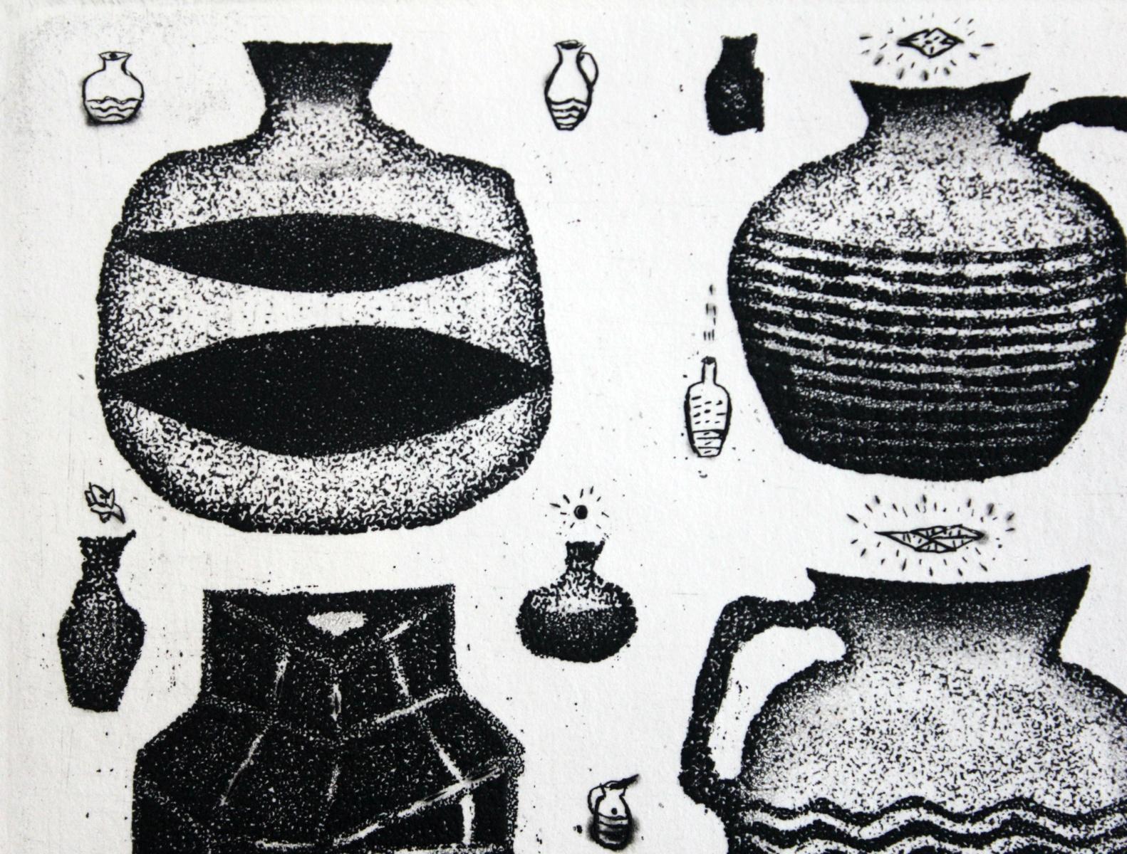 Satiety and thanksgiving of clay pots - XXI century, Black and white etching - Print by Jerzy Dmitruk