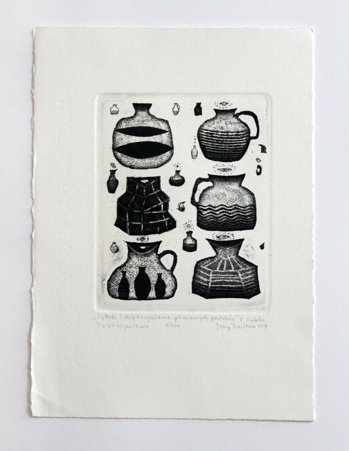 Satiety and thanksgiving of clay pots - XXI century, Black and white etching - Other Art Style Print by Jerzy Dmitruk